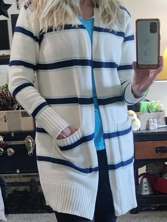 St. John's Bay Sweaters - St John's Bay Navy Stripe White Open-Front Long Cardigan Sweater
